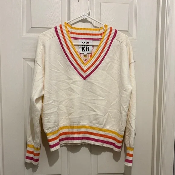 Kerri Rosenthal “Get Happy” Super Soft Knit Striped V-Neck Sweater - - Picture 1 of 5